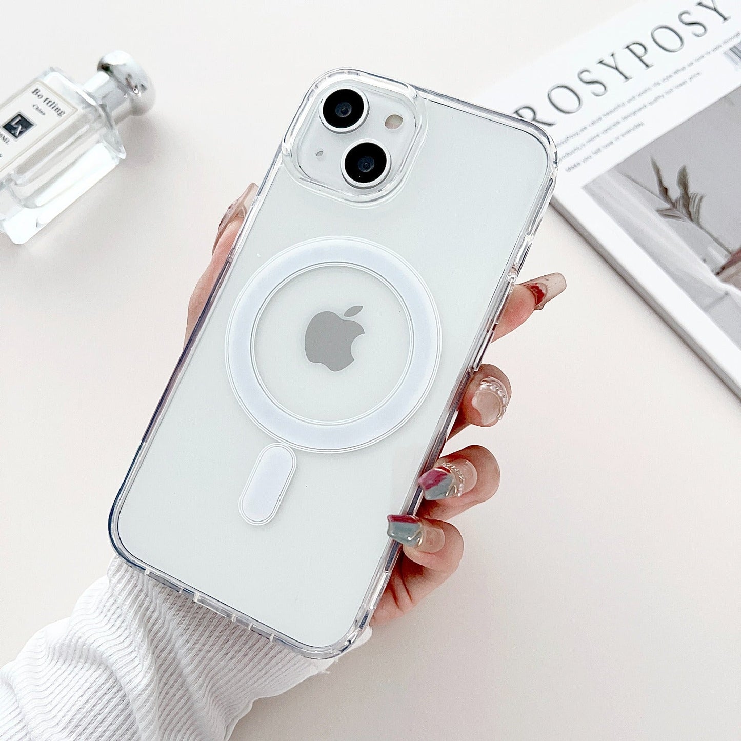 Anti-Yellow MagSafe Clear Case + Suction Grip + Tempered Glass + Cable Protectors-4 pcs
