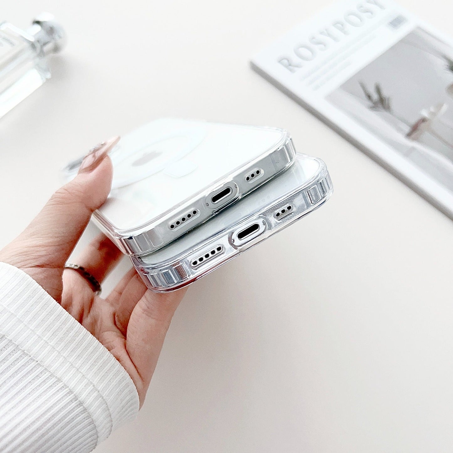 Anti-Yellow MagSafe Clear Case + Suction Grip + Tempered Glass + Cable Protectors-4 pcs