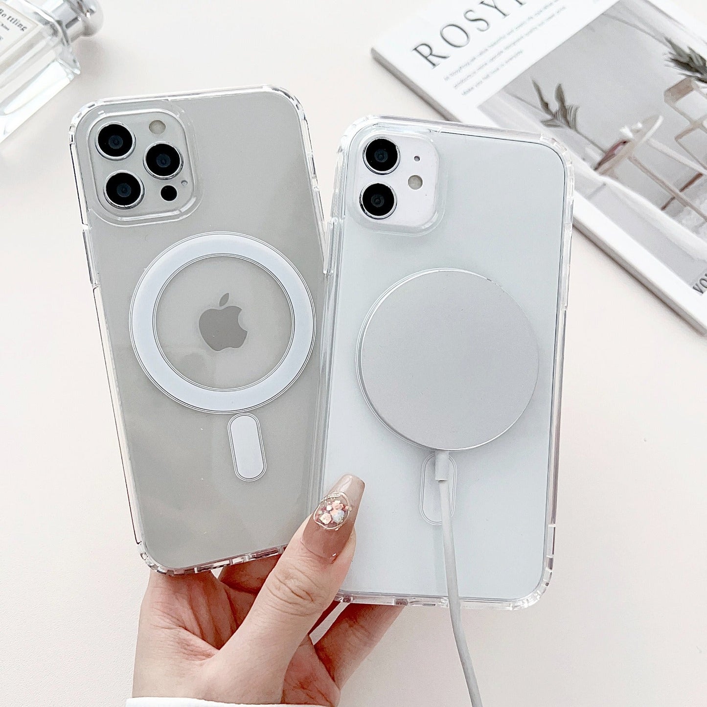 Anti-Yellow MagSafe Clear Case + Suction Grip + Tempered Glass + Cable Protectors-4 pcs