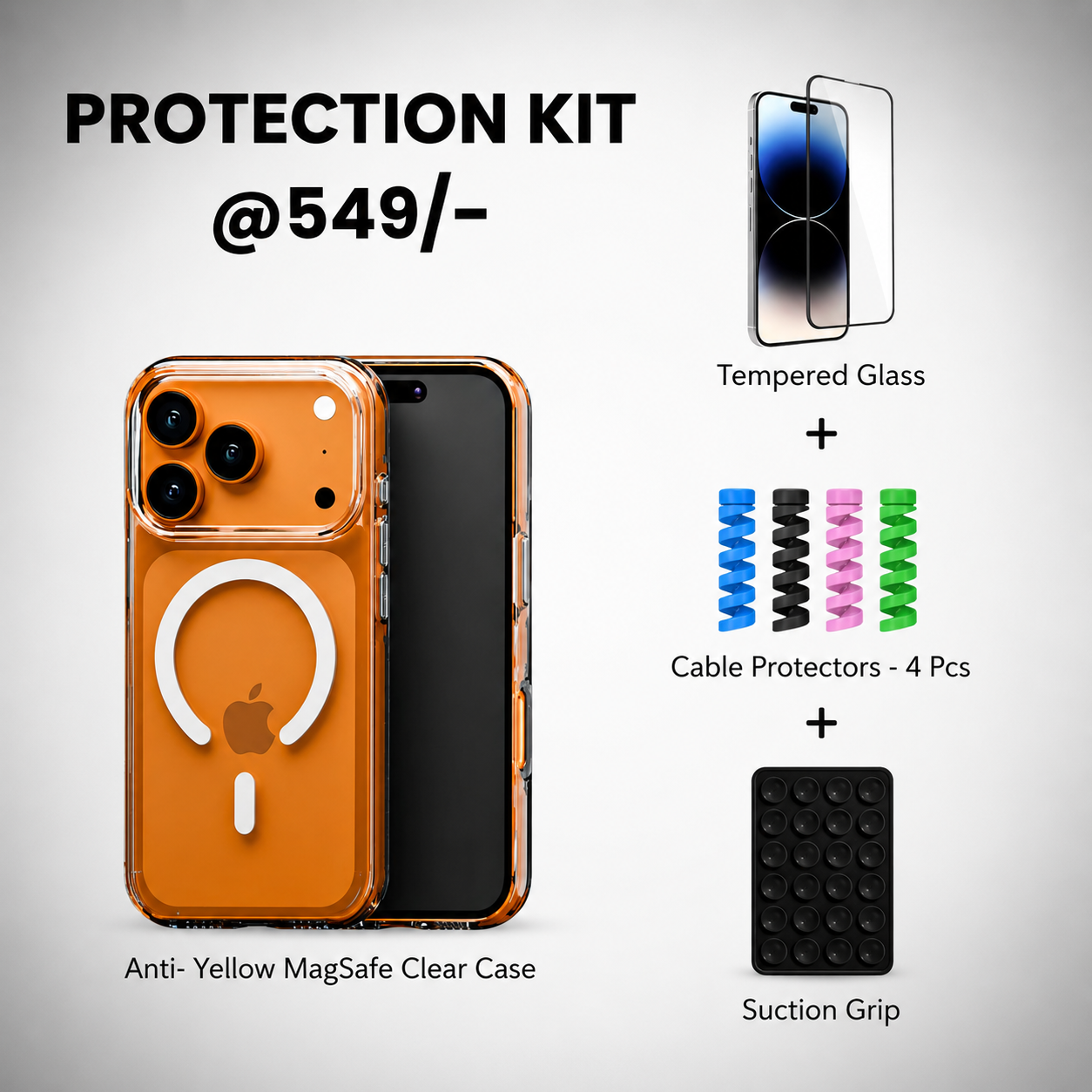 Anti-Yellow MagSafe Clear Case + Suction Grip + Tempered Glass + Cable Protectors-4 pcs